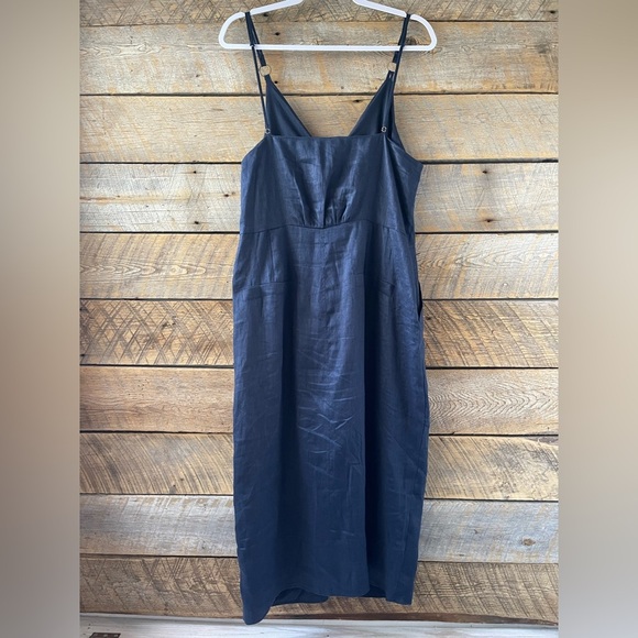 REISS Kay Tie Detail Navy Linen MIDI Dress Size 12 Quiet Luxury Preppy Wedding - Picture 7 of 16